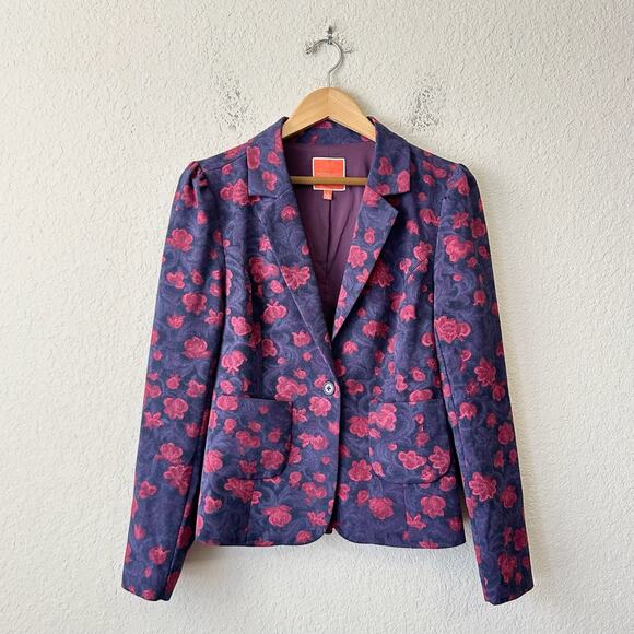 MODCLOTH Blazer Jacket Blue Red Floral Lined Brocade Office Preppy 90s - Picture 1 of 13